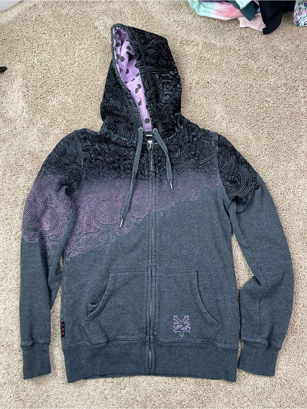 Grey Zip-Up Hoodie with Black & Purple Pattern